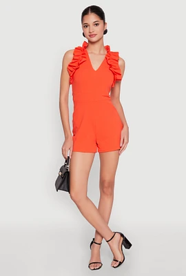 Womens Crepe Knit Ruffle Trim Zip Back Romper, M