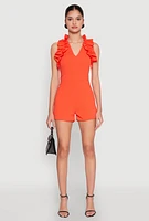 Womens Crepe Knit Ruffle Trim Zip Back Romper, M