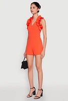 Womens Crepe Knit Ruffle Trim Zip Back Romper, M