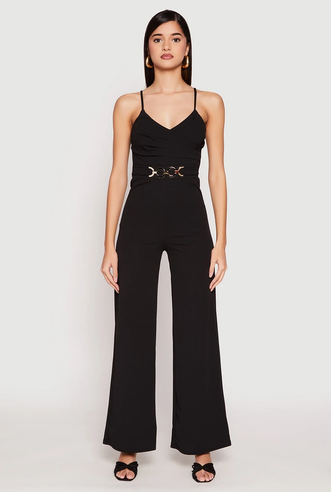 Womens Crepe Knit Chain Belted Front Jumpsuit,