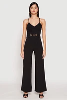 Womens Crepe Knit Chain Belted Front Jumpsuit,