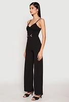 Womens Crepe Knit Chain Belted Front Jumpsuit,