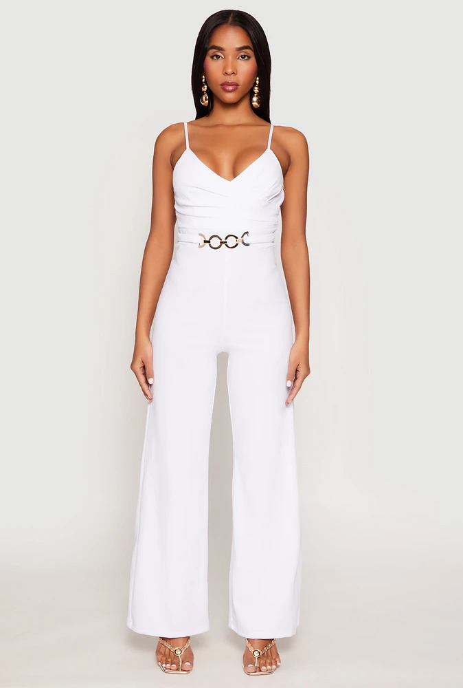 Womens Crepe Knit Chain Belted Front Jumpsuit, White, Size M