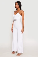 Womens Crepe Knit Chain Belted Front Jumpsuit, White, Size M