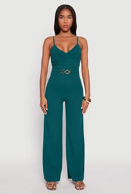 Womens Crepe Knit Chain Belted Front Jumpsuit, M