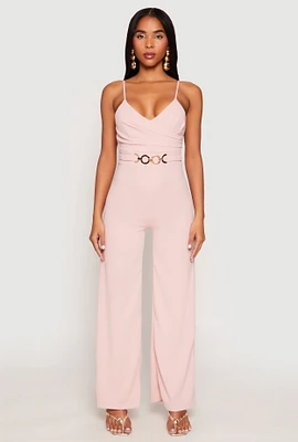 Womens Crepe Knit Chain Belted Front Jumpsuit,