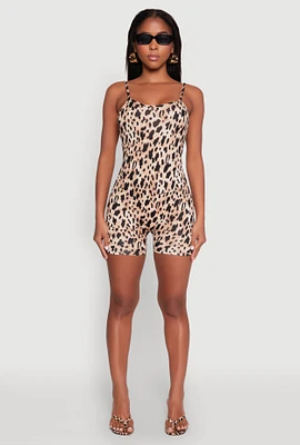 Womens Leopard Print Cami Romper, Brown, Size XL
