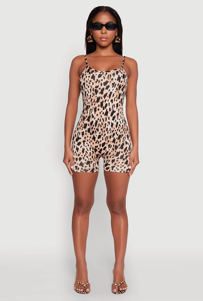 Womens Leopard Print Cami Romper, Brown,