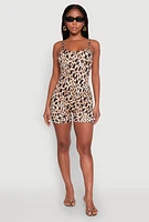 Womens Leopard Print Cami Romper, Brown,