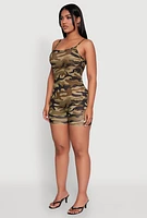 Womens Camouflage Open Back Cami Romper, Green, Size M
