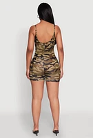 Womens Camouflage Open Back Cami Romper, Green, Size M