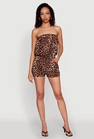 Womens Leopard Print Tube Romper, Brown,