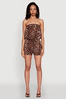 Womens Leopard Print Tube Romper, Brown,