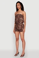 Womens Leopard Print Tube Romper, Brown,