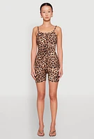 Womens Leopard Print Romper, Brown, Size M