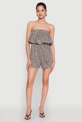 Womens Leopard Print Ruffle Overlay Romper, Brown,
