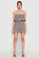 Womens Leopard Print Ruffle Overlay Romper, Brown,