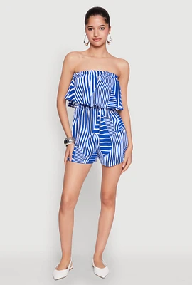 Womens Assorted Stripe Print Ruffle Overlay Romper, Blue, Size L