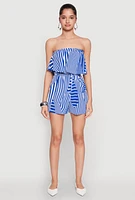 Womens Assorted Stripe Print Ruffle Overlay Romper, Blue, Size L