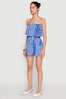 Womens Assorted Stripe Print Ruffle Overlay Romper, Blue, Size L