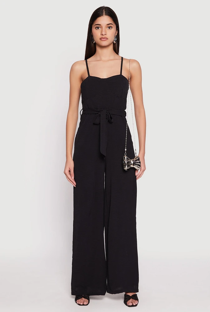 Womens Tie Waist Belted Bustier Jumpsuit, Black, Size L