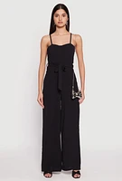 Womens Tie Waist Belted Bustier Jumpsuit, Black, Size L