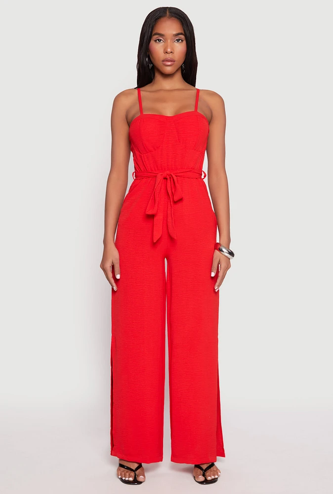 Womens Tie Waist Belted Bustier Jumpsuit, Red, Size M