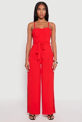 Womens Tie Waist Belted Bustier Jumpsuit, Red, Size M