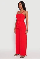 Womens Tie Waist Belted Bustier Jumpsuit, Red, Size M