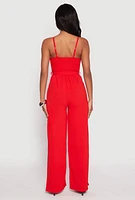 Womens Tie Waist Belted Bustier Jumpsuit, Red, Size M