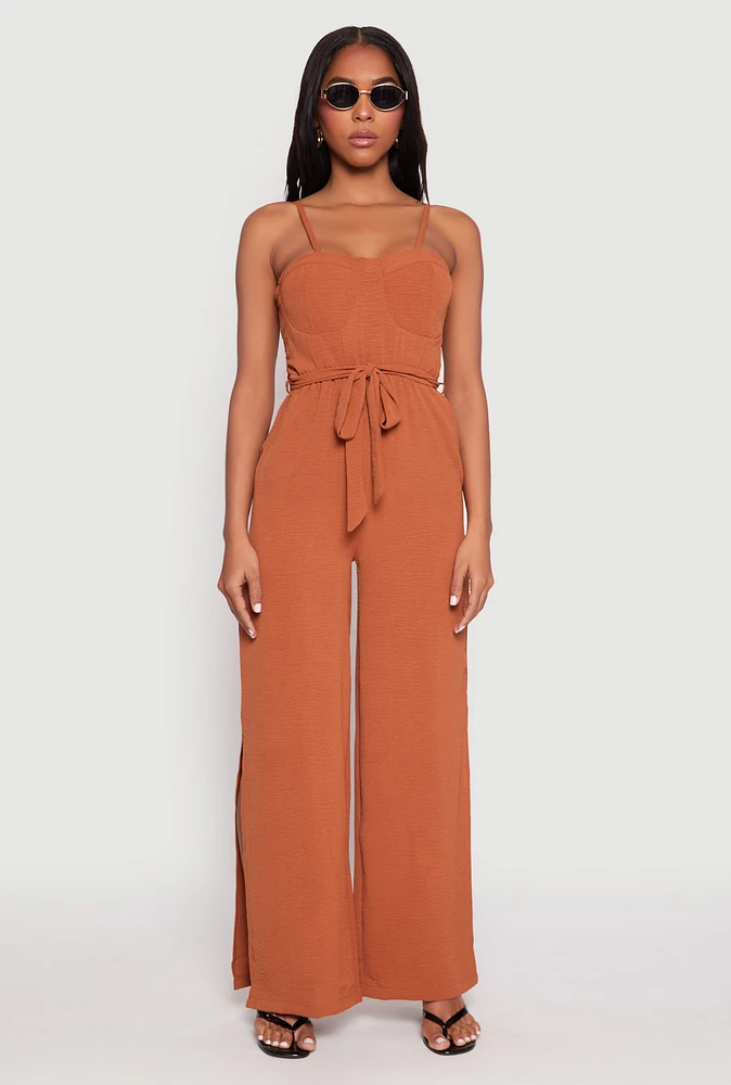 Womens Tie Waist Belted Bustier Jumpsuit,