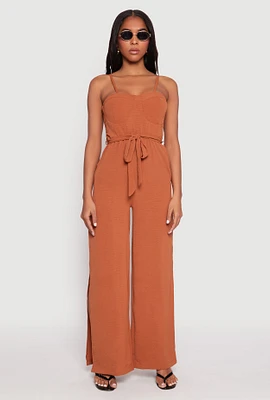 Womens Tie Waist Belted Bustier Jumpsuit, Brown,
