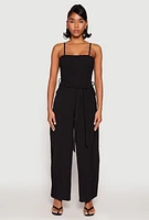 Womens Side Slit Smocked Tie Waist Jumpsuit,