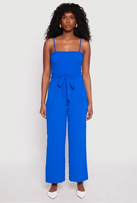 Womens Side Slit Smocked Tie Waist Jumpsuit,