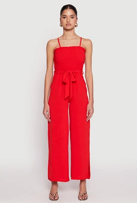 Womens Side Slit Smocked Tie Waist Jumpsuit, Red, Size L