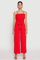 Womens Side Slit Smocked Tie Waist Jumpsuit, Red, Size L