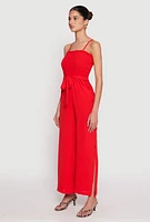 Womens Side Slit Smocked Tie Waist Jumpsuit, Red, Size L