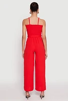 Womens Side Slit Smocked Tie Waist Jumpsuit, Red, Size L