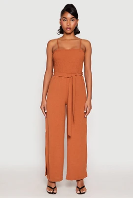 Womens Side Slit Smocked Tie Waist Jumpsuit,