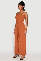 Womens Side Slit Smocked Tie Waist Jumpsuit, Brown, Size XL