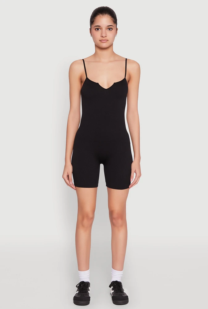 Womens Notch Neck Rib Knit Cami Romper, Black, Size XL