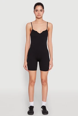 Womens Notch Neck Rib Knit Cami Romper, Black, Size XL