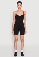 Womens Notch Neck Rib Knit Cami Romper, Black, Size XL