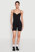 Womens Notch Neck Rib Knit Cami Romper, Black, Size XL