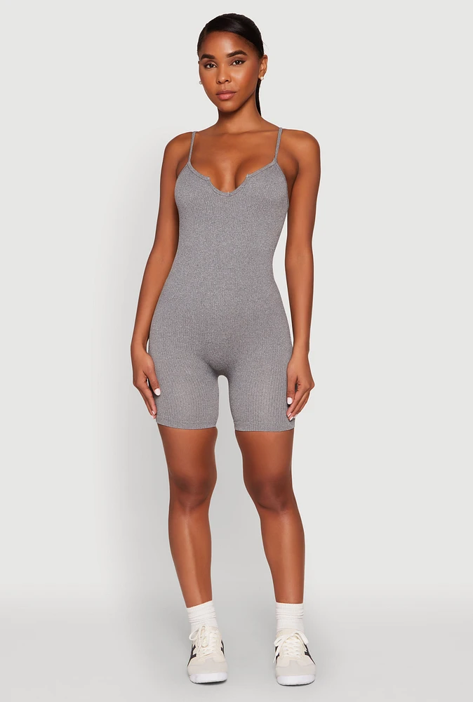 Womens Notch Neck Rib Knit Cami Romper, Grey, Size L