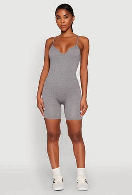 Womens Notch Neck Rib Knit Cami Romper, Grey, Size L