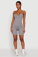 Womens Notch Neck Rib Knit Cami Romper, Grey, Size L