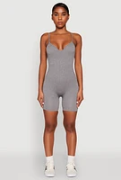 Womens Notch Neck Rib Knit Cami Romper, Grey, Size L
