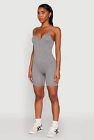 Womens Notch Neck Rib Knit Cami Romper, Grey, Size L
