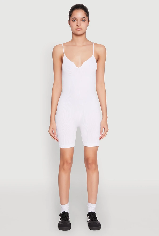 Womens Notch Neck Rib Knit Cami Romper, White,
